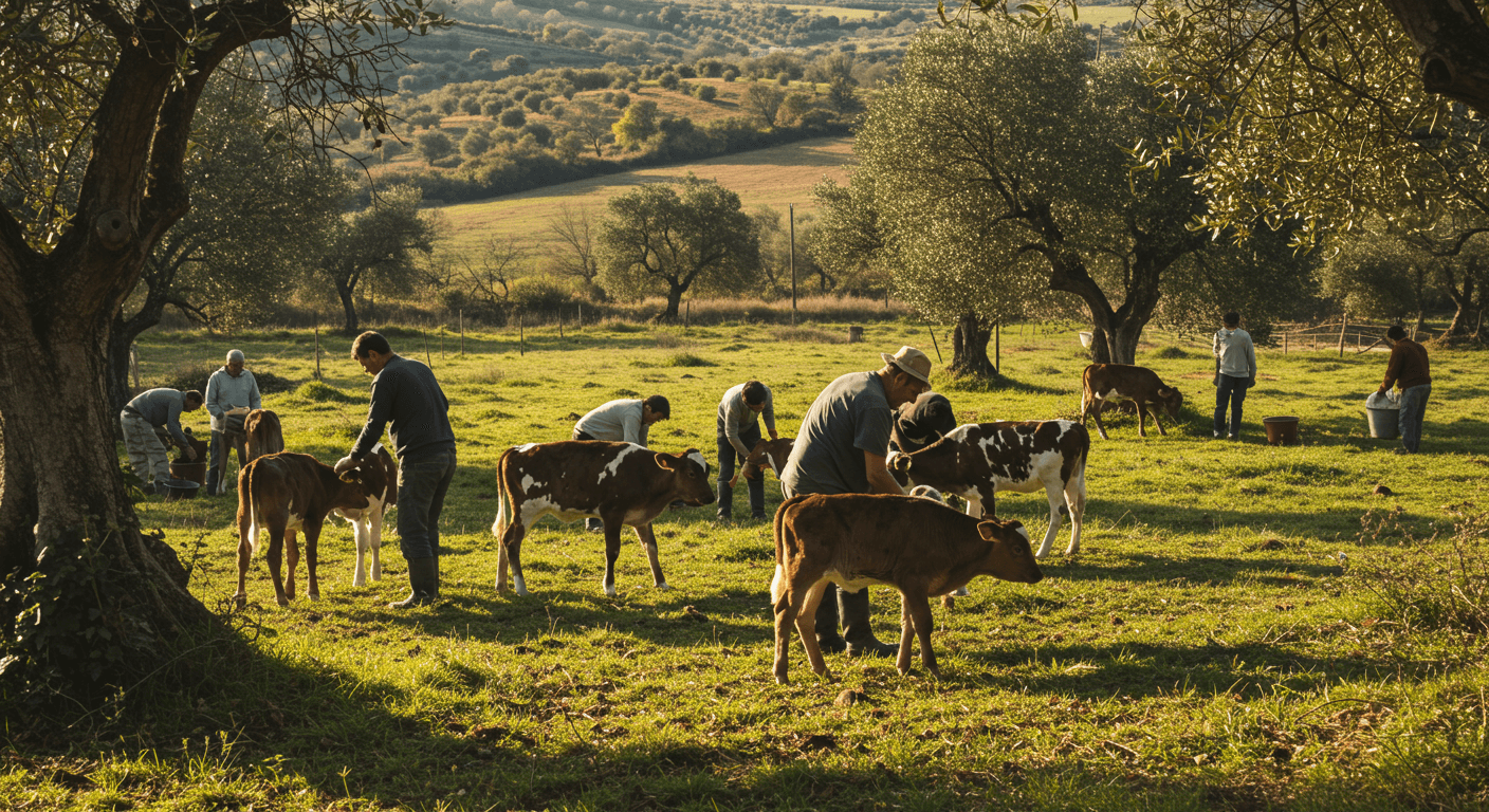 Un groupe d’agriculteurs s’occupant de veaux en Espagne (image générée par IA)