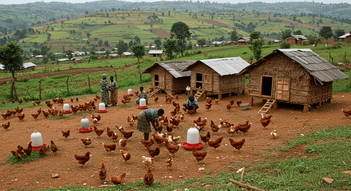 Granja de pollos en Uganda (imagen generada por IA)