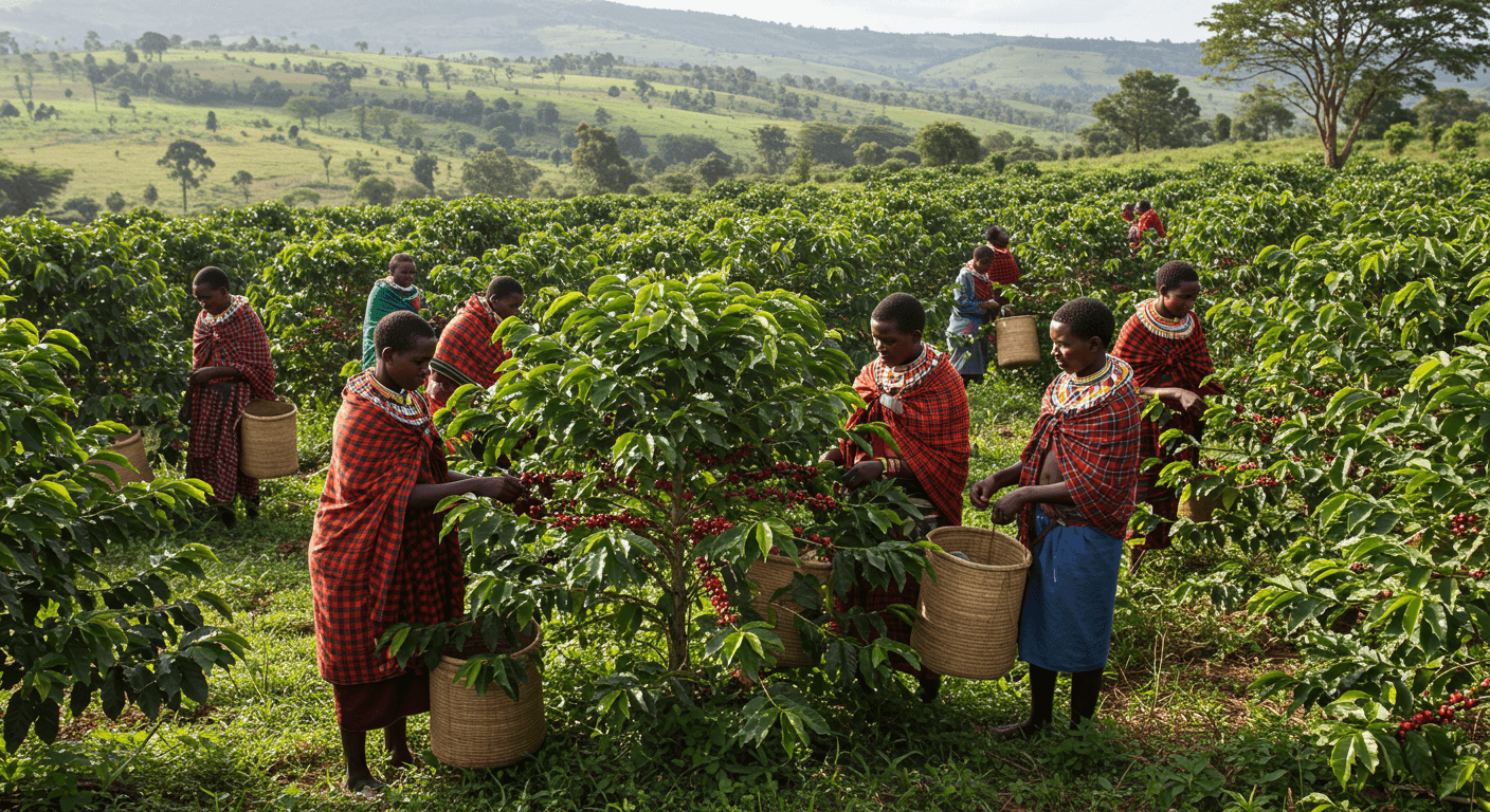 Des agriculteurs récoltant des cerises de café en Tanzanie (image générée par IA)