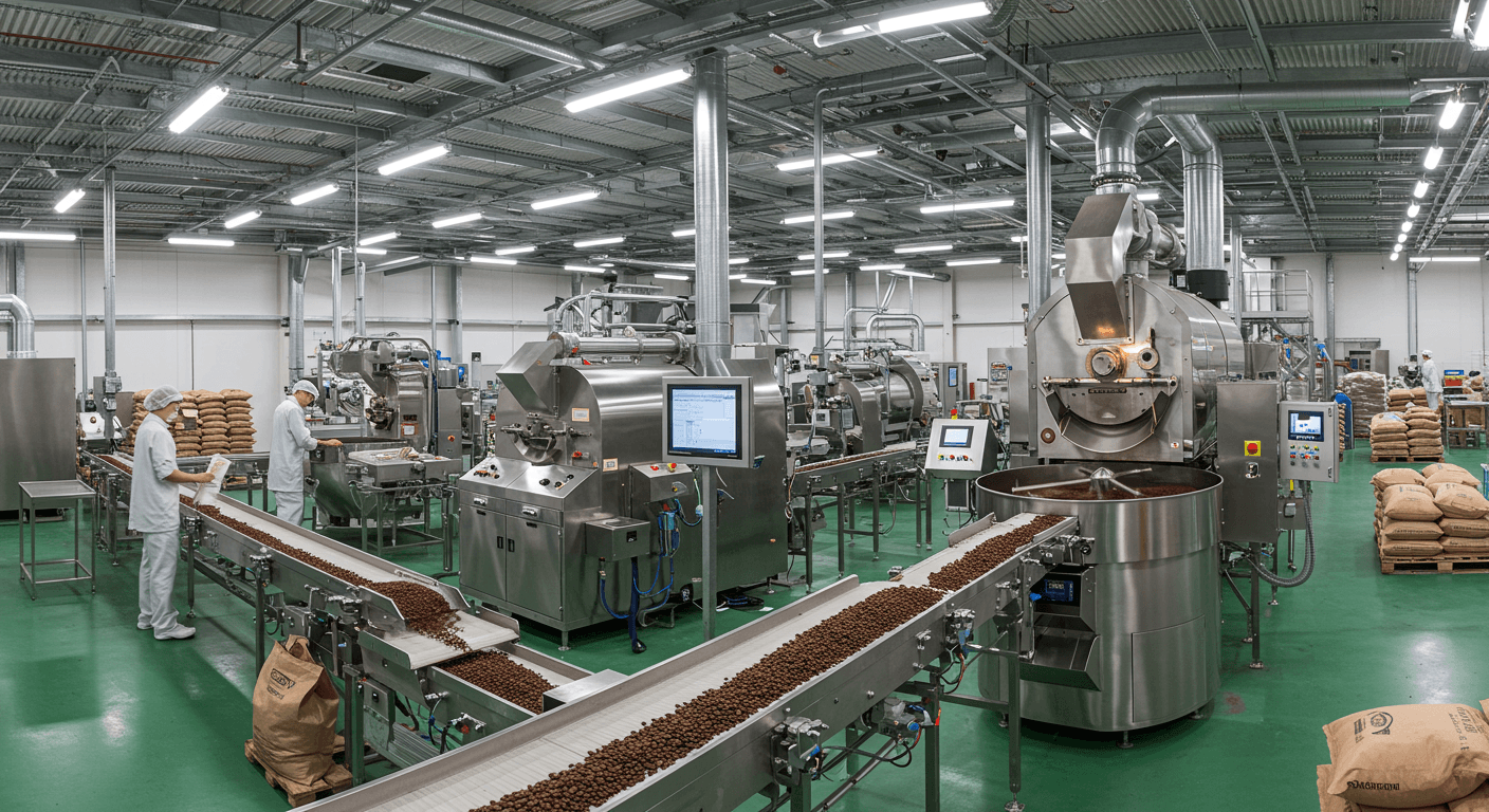 Línea de producción de café (imagen generada por IA)