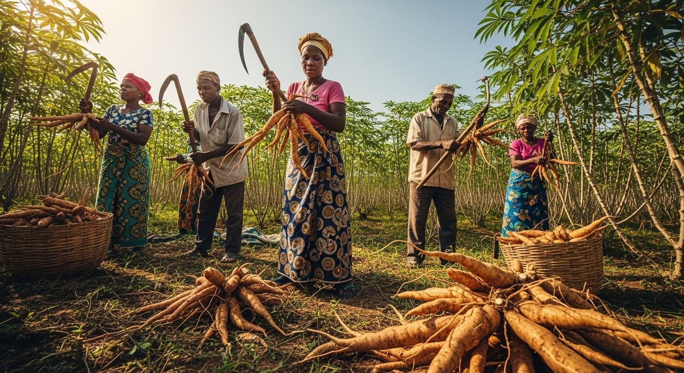 Des agriculteurs nigérians récoltant des racines de manioc fraîches (image générée par IA)