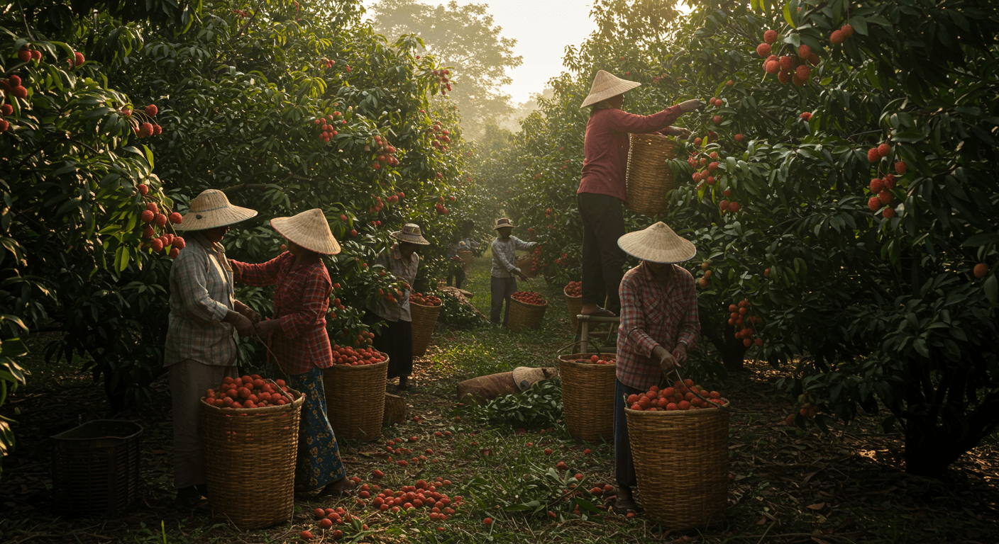 Un groupe d’agriculteurs récoltant des litchis en Inde (image générée par IA)