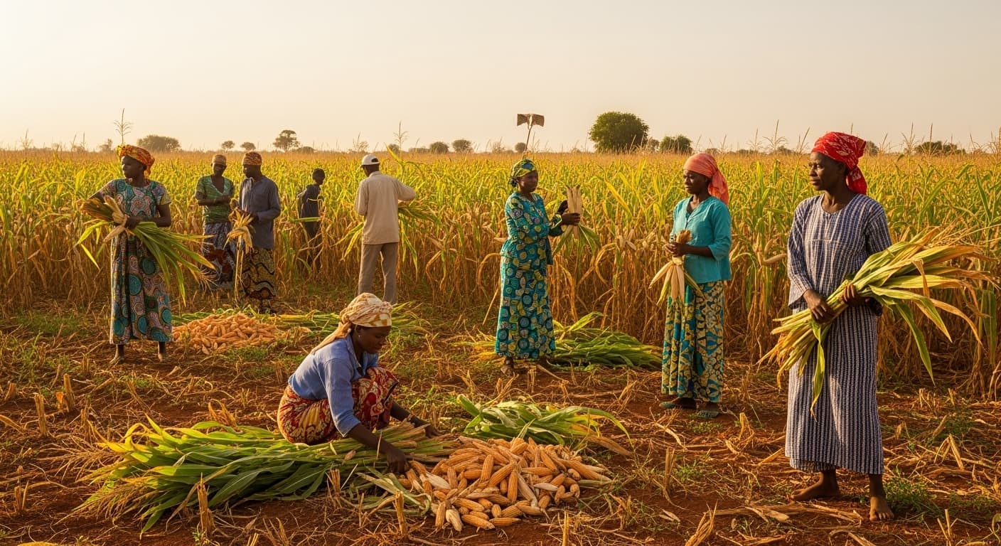 Des agriculteurs maliens récoltant du maïs (image générée par IA)