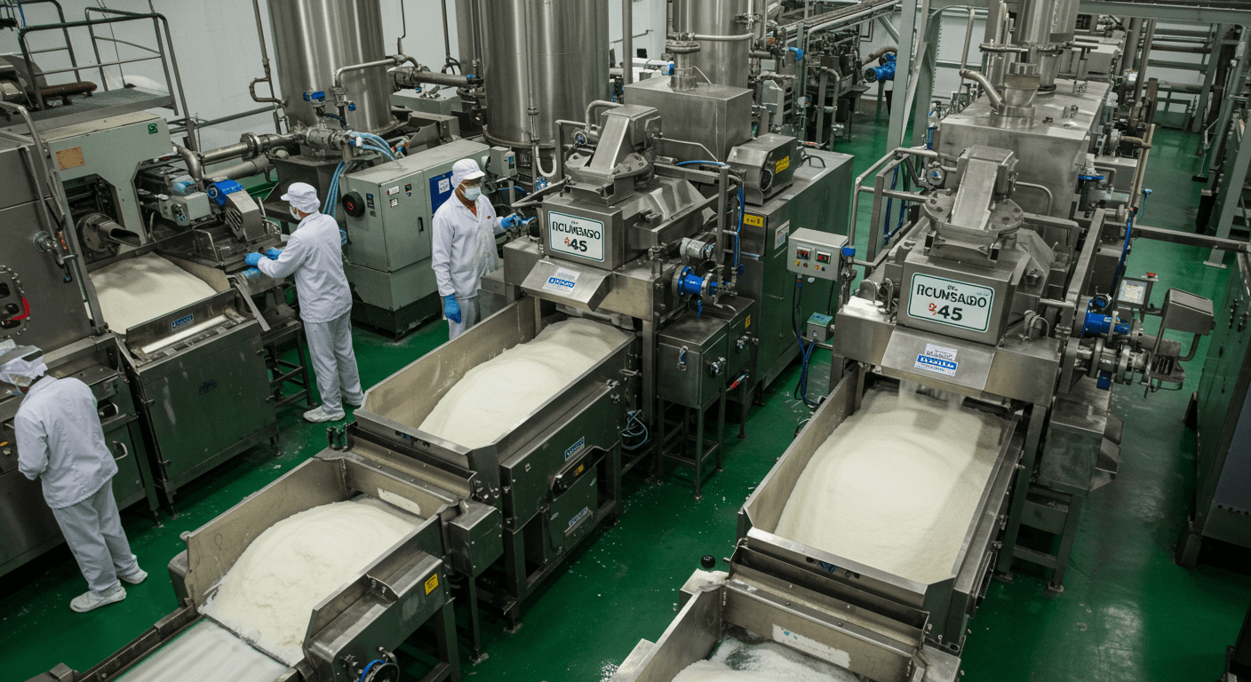 Línea de producción de azúcar refinado ICUMSA 45 en Brasil (imagen generada por IA)