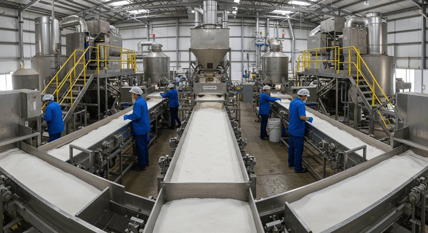 Línea de producción de azúcar refinado ICUMSA 45 en Brasil (imagen generada por IA)