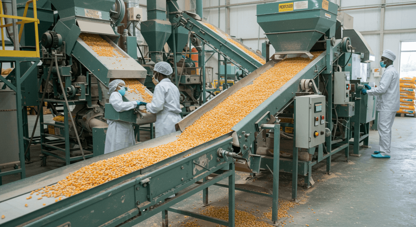 Línea de producción de harina de maíz (imagen generada por IA)