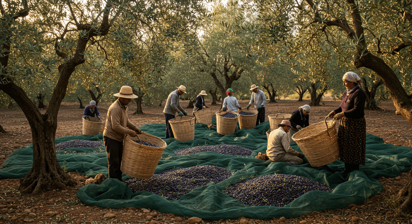 Un groupe d’agriculteurs récoltant des olives en Tunisie (image générée par IA)