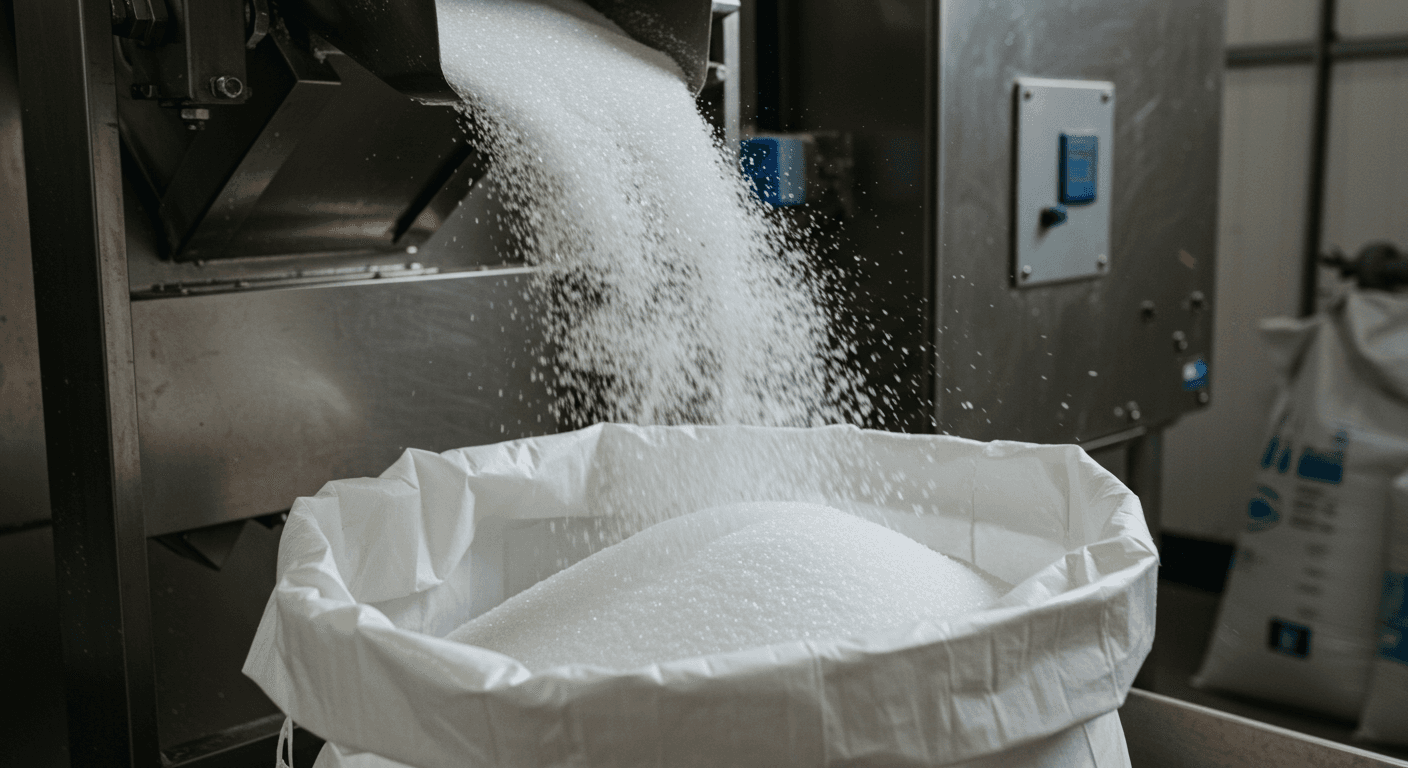 Azúcar refinado ICUMSA 45 cayendo en una bolsa de 50 kg en una línea de producción (imagen generada por IA)