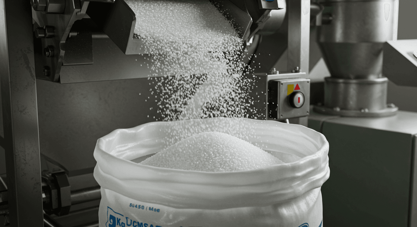 Azúcar refinado ICUMSA 45 cayendo en una bolsa de 50 kg en una línea de producción (imagen generada por IA)