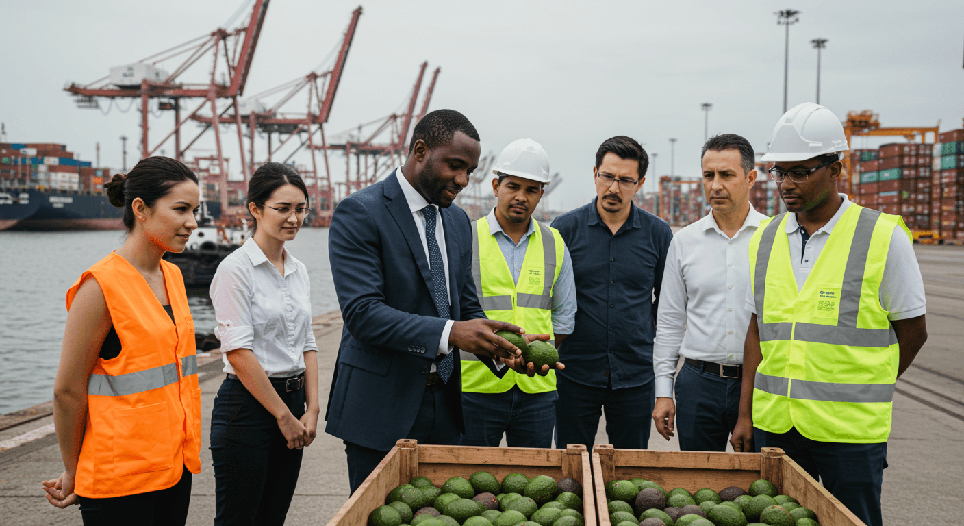 Un entrepreneur de la diaspora africaine, assisté par son personnel allemand, inspecte un conteneur d’avocats au port de Hambourg, en Allemagne (image générée par IA).