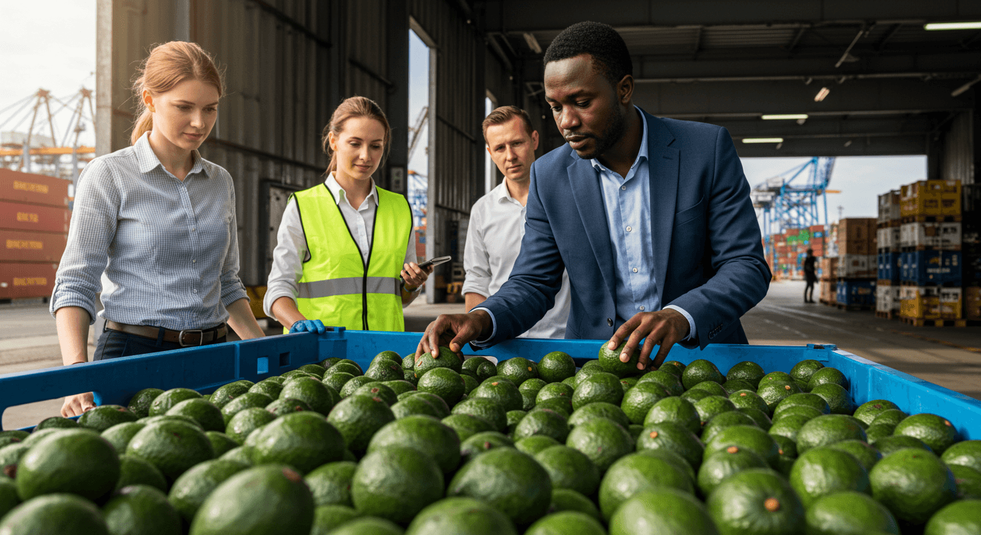 Um empresário da diáspora africana, assistido por sua equipe alemã, inspecionou um contêiner de abacates no porto de Hamburgo, Alemanha (imagem gerada por IA).