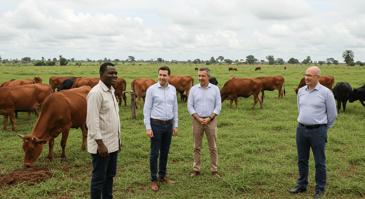 The Ivorian owner of a cattle farm welcomed Spanish agribusiness leaders for a visit (AI-generated image).