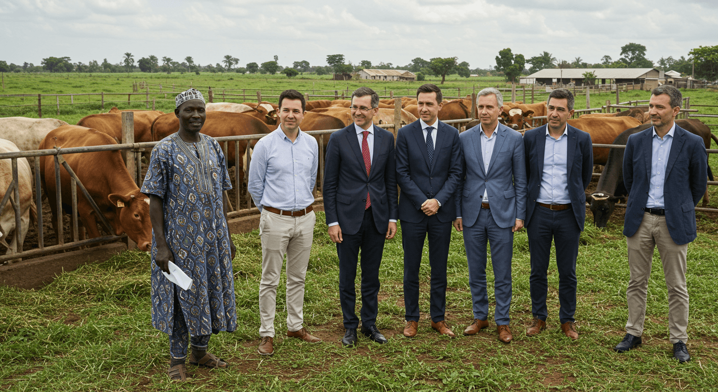 Le propriétaire ivoirien d’une ferme bovine a accueilli des dirigeants de l’agro-industrie espagnole pour une visite (image générée par IA).