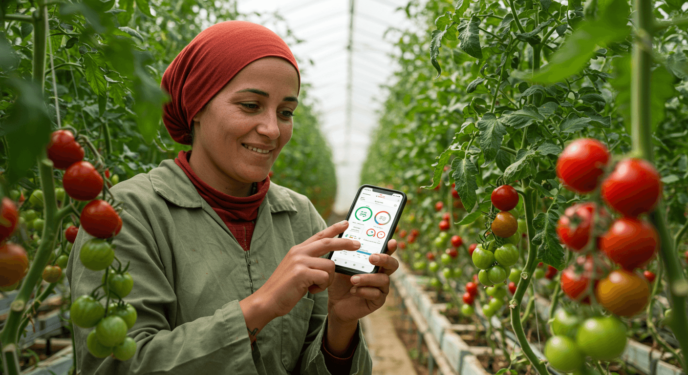 Una agricultora marroquí está usando una aplicación móvil para monitorear tomates cherry en un invernadero (imagen generada por IA).