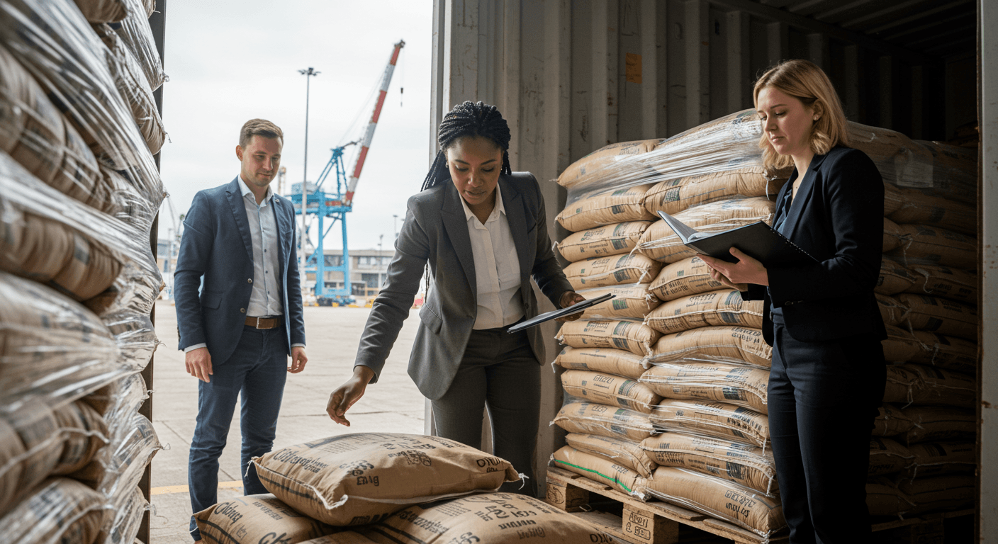 Une entrepreneure issue de la diaspora africaine, assistée par son personnel belge, a inspecté un conteneur de poudre de cacao conditionnée en sacs de 25 kg au port d’Anvers, en Belgique (image générée par IA).