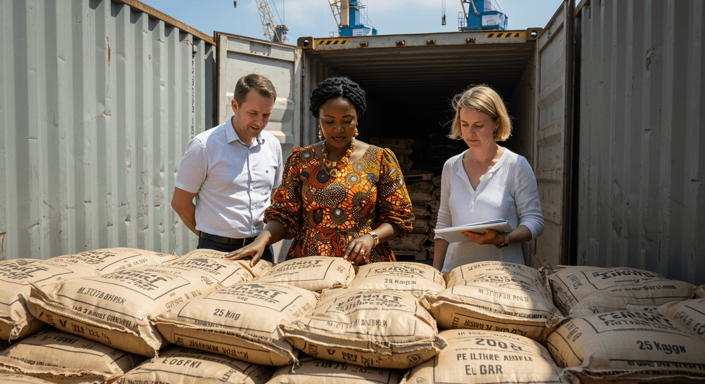 Una empresaria de la diáspora africana, asistida por su personal belga, inspeccionó un contenedor de cacao en polvo empaquetado en sacos de 25 kg en el puerto de Amberes, Bélgica (imagen generada por IA).