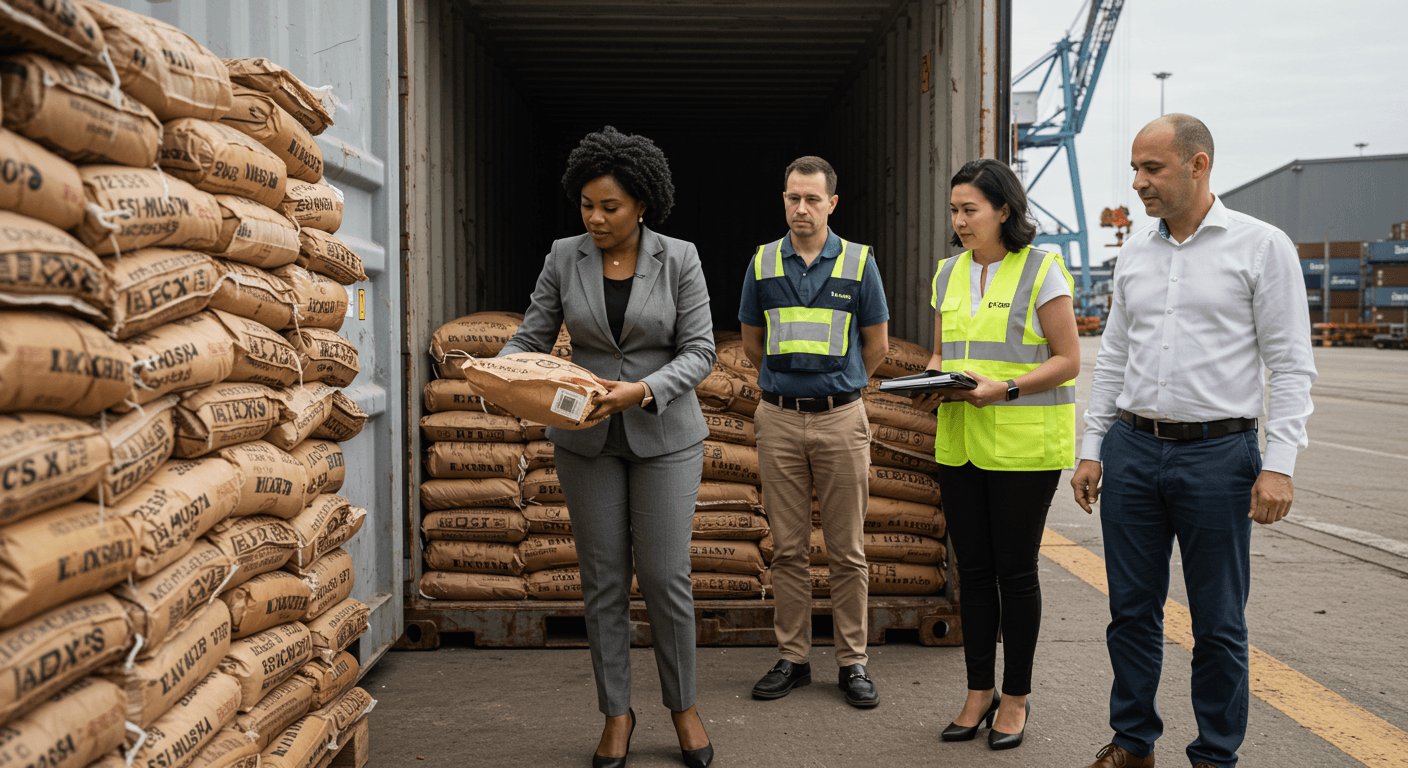 Uma empresária da diáspora africana, assistida por sua equipe belga, inspecionou um contêiner de cacau em pó embalado em sacos de 25 kg no porto de Antuérpia, Bélgica (imagem gerada por IA).