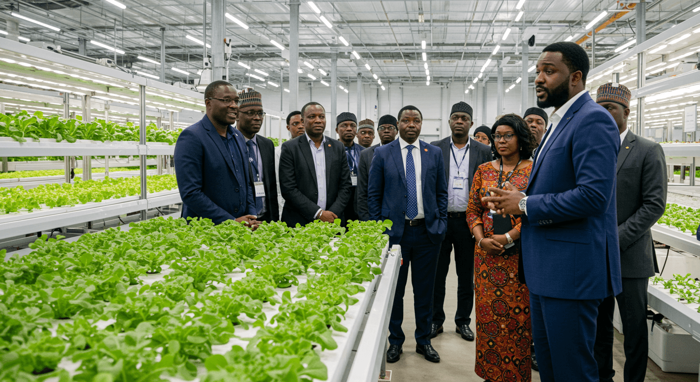 Un entrepreneur allemand issu de la diaspora africaine a présenté une serre hydroponique à une délégation d’hommes et de femmes d’affaires nigérians (image générée par IA).
