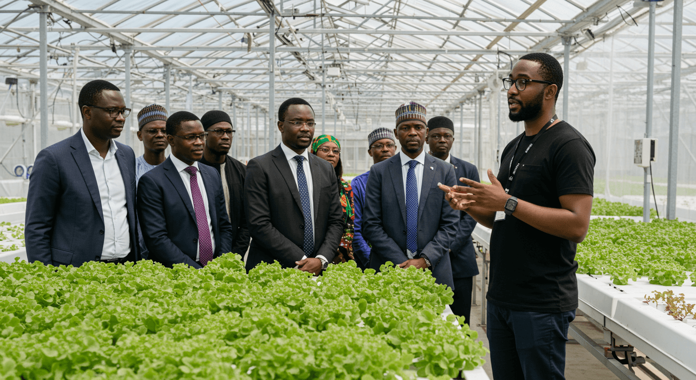 Un empresario alemán de la diáspora africana mostró un invernadero hidropónico a una delegación de empresarios y empresarias nigerianos (imagen generada por IA).