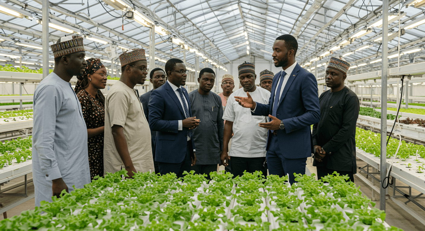 Um empreendedor alemão da diáspora africana mostrou uma estufa hidropônica a uma delegação de empresários e empresárias nigerianos (imagem gerada por IA).