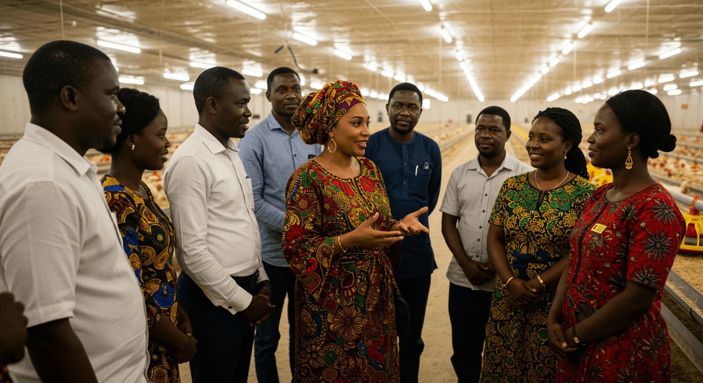 Une entrepreneure de la diaspora africaine, assistée par son personnel espagnol, présente une ferme avicole haute technologie à une délégation d’hommes et de femmes d’affaires togolais (image générée par IA).