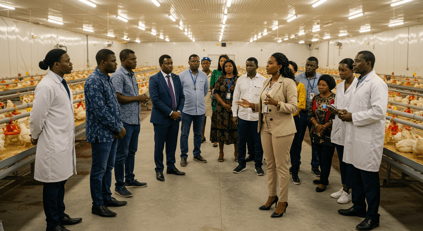 Una empresaria de la diáspora africana, asistida por su personal español, mostró una granja avícola de alta tecnología a una delegación de empresarios y empresarias togoleses (imagen generada por IA).