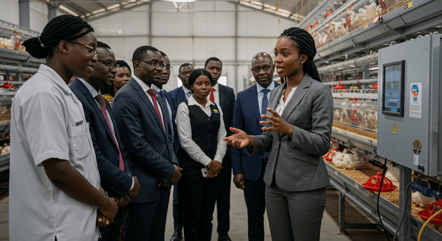 Uma empresária da diáspora africana, assistida por sua equipe espanhola, mostrou uma granja de frangos de alta tecnologia a uma delegação de empresários e empresárias togoleses (imagem gerada por IA).