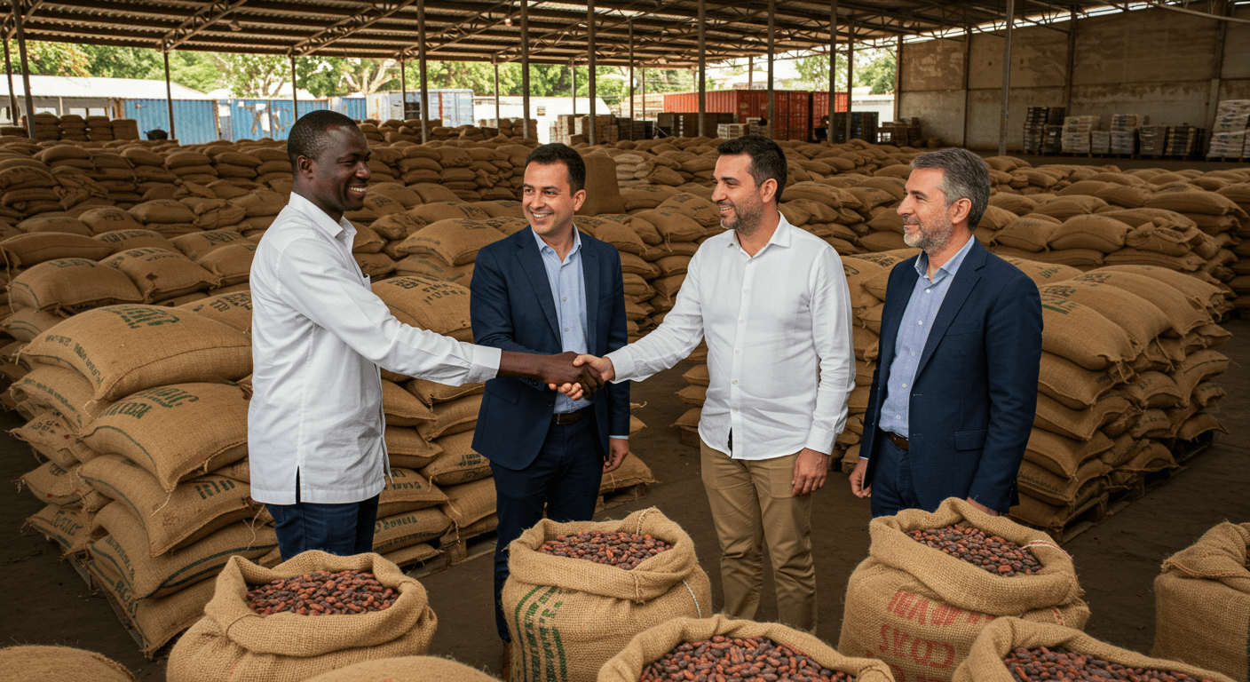 Le propriétaire ivoirien d’un entrepôt rempli de sacs de fèves de cacao a accueilli des dirigeants de l’agro-industrie espagnole pour une visite (image générée par IA).