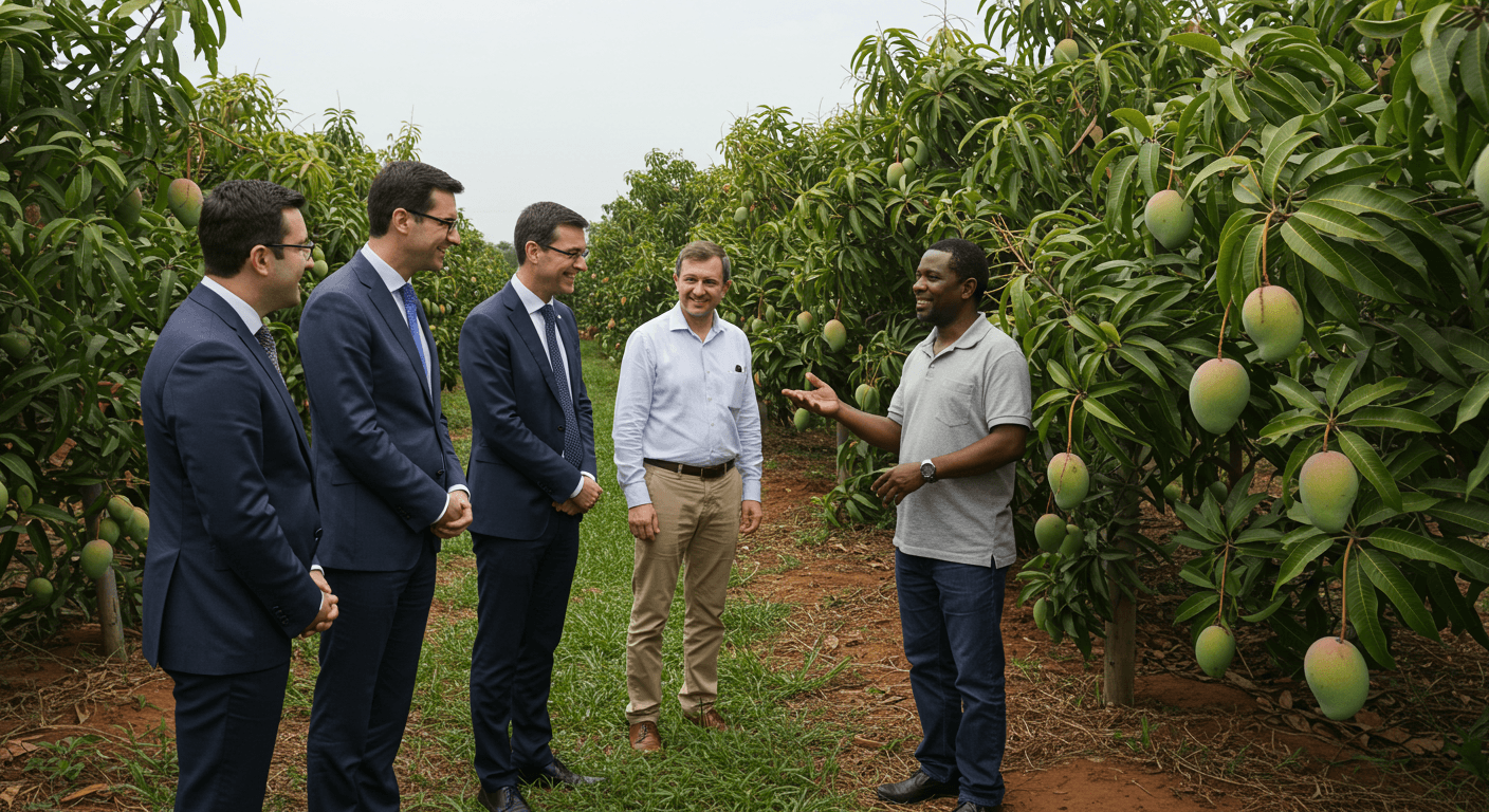 The Ivorian owner of a mango plantation welcomed Spanish agribusiness leaders for a visit (AI-generated image).