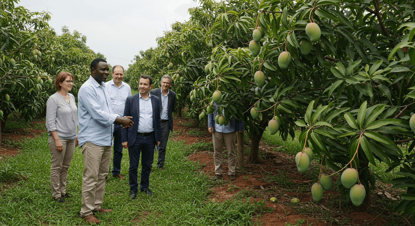 Le propriétaire ivoirien d’une plantation de mangues a accueilli des dirigeants de l’agro-industrie espagnole pour une visite (image générée par IA).
