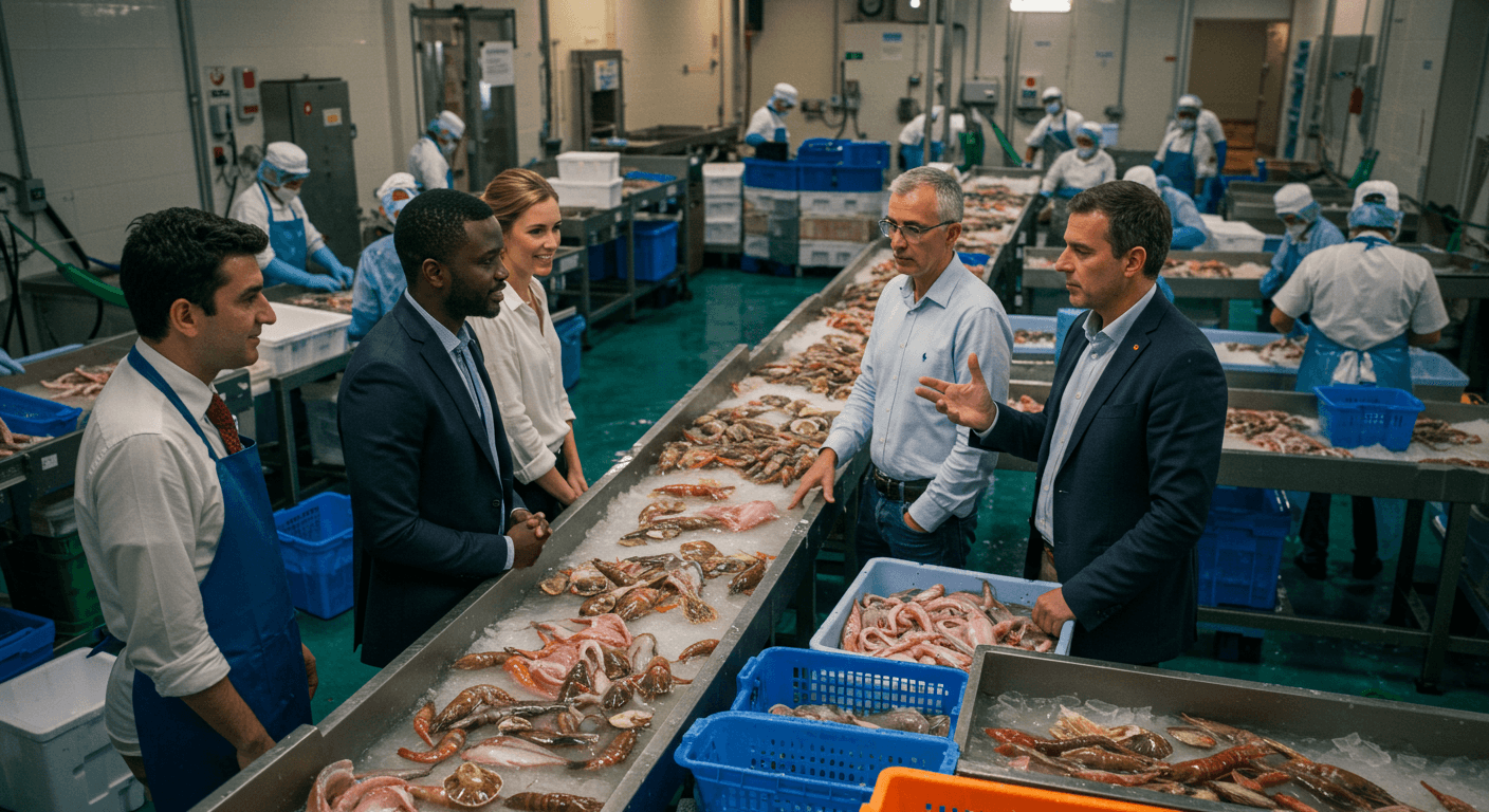The Ivorian owner of a seafood processing plant welcomed Spanish agribusiness leaders for a visit (AI-generated image).
