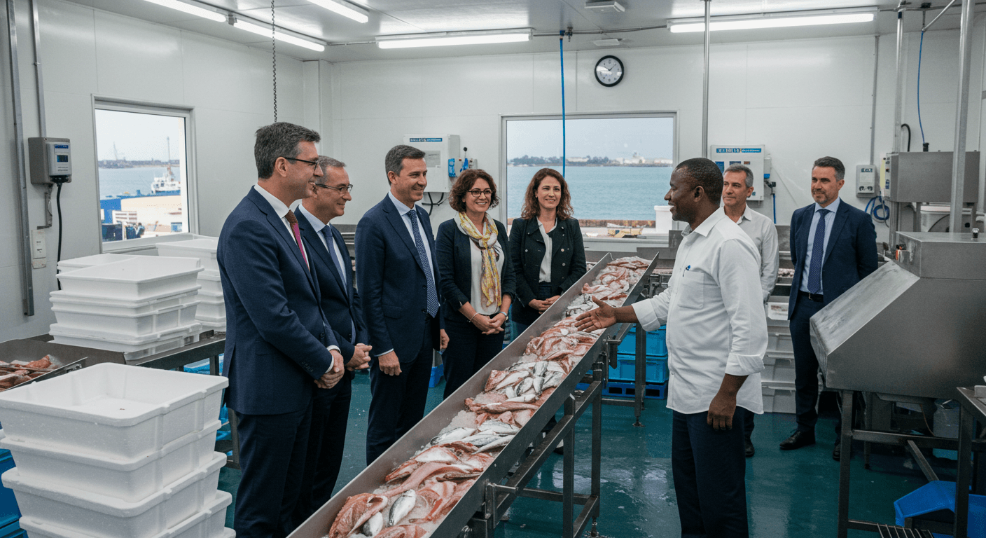 Le propriétaire ivoirien d’une usine de transformation de produits de la mer a accueilli des dirigeants de l’agro-industrie espagnole pour une visite (image générée par IA).