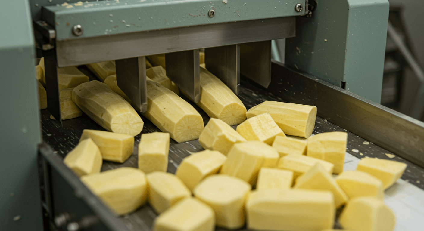 Corte mecânico de mandioca descascada (imagem gerada por IA).