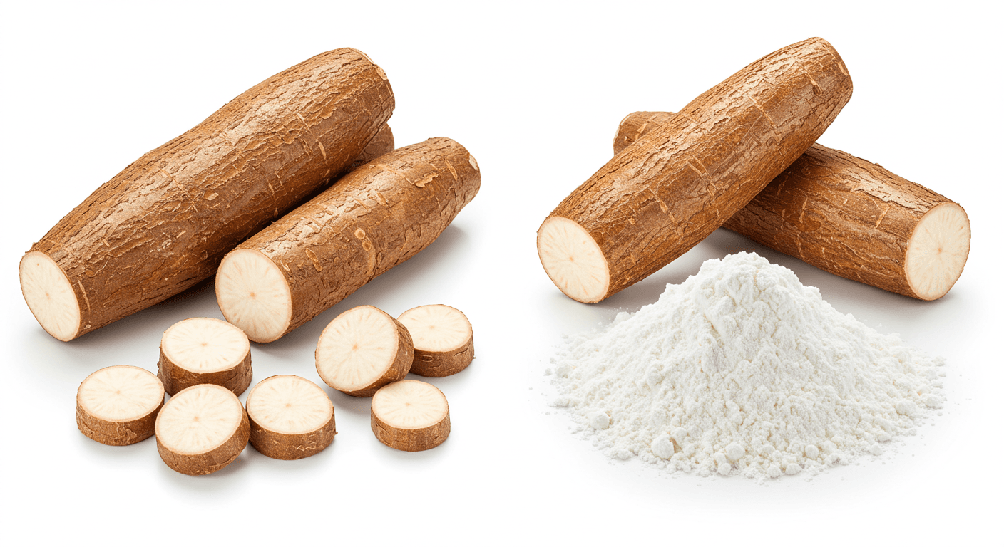 جذور الكسافا ونشا الكسافا جنبًا إلى جنب (صورة مُولَّدة بواسطة الذكاء الاصطناعي).