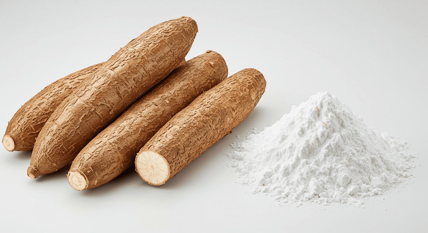 Raízes de mandioca e amido de mandioca lado a lado (imagem gerada por IA).