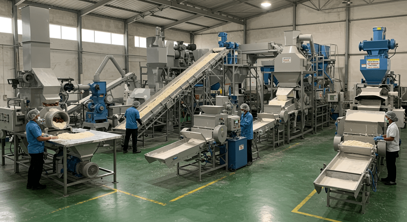 Linha de produção de amido de mandioca (imagem gerada por IA).