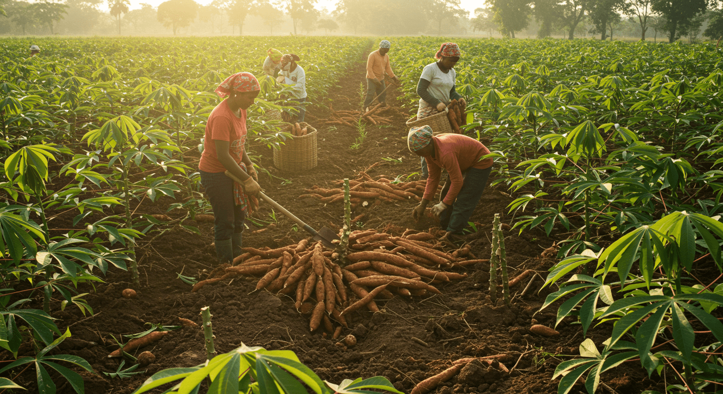 حصاد جذور الكسافا الطازجة (صورة مُولَّدة بواسطة الذكاء الاصطناعي).