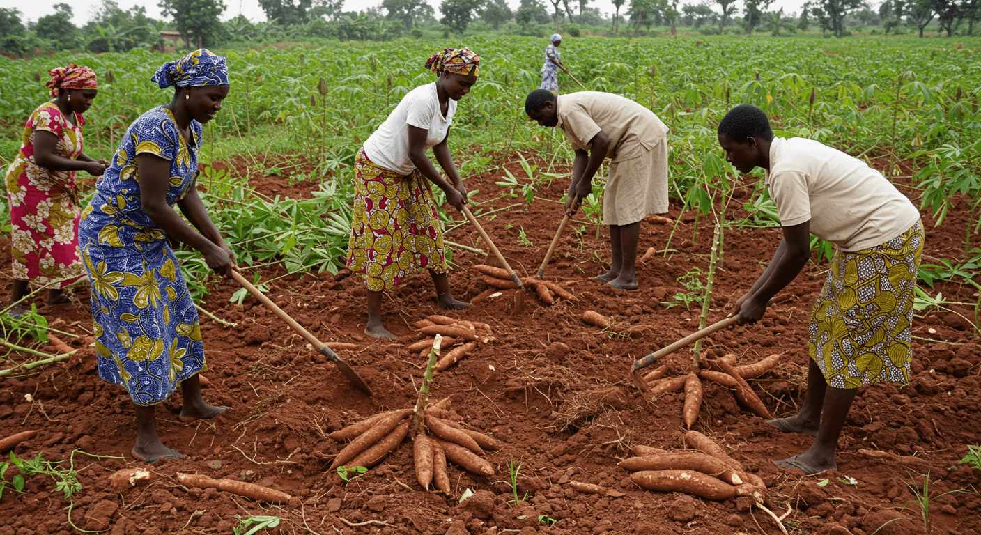 Ernte frischer Maniokwurzeln (KI-generiertes Bild).