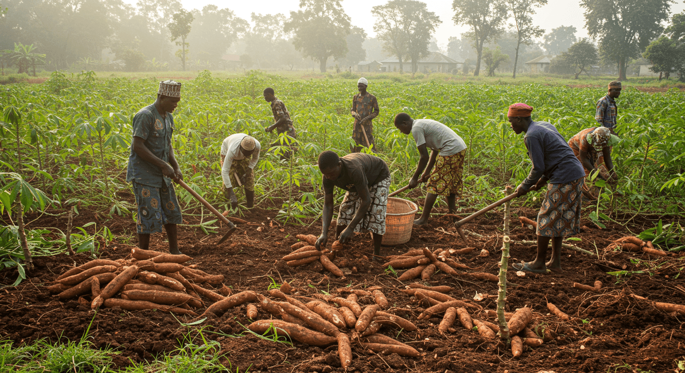 Colheita de raízes de mandioca frescas (imagem gerada por IA).