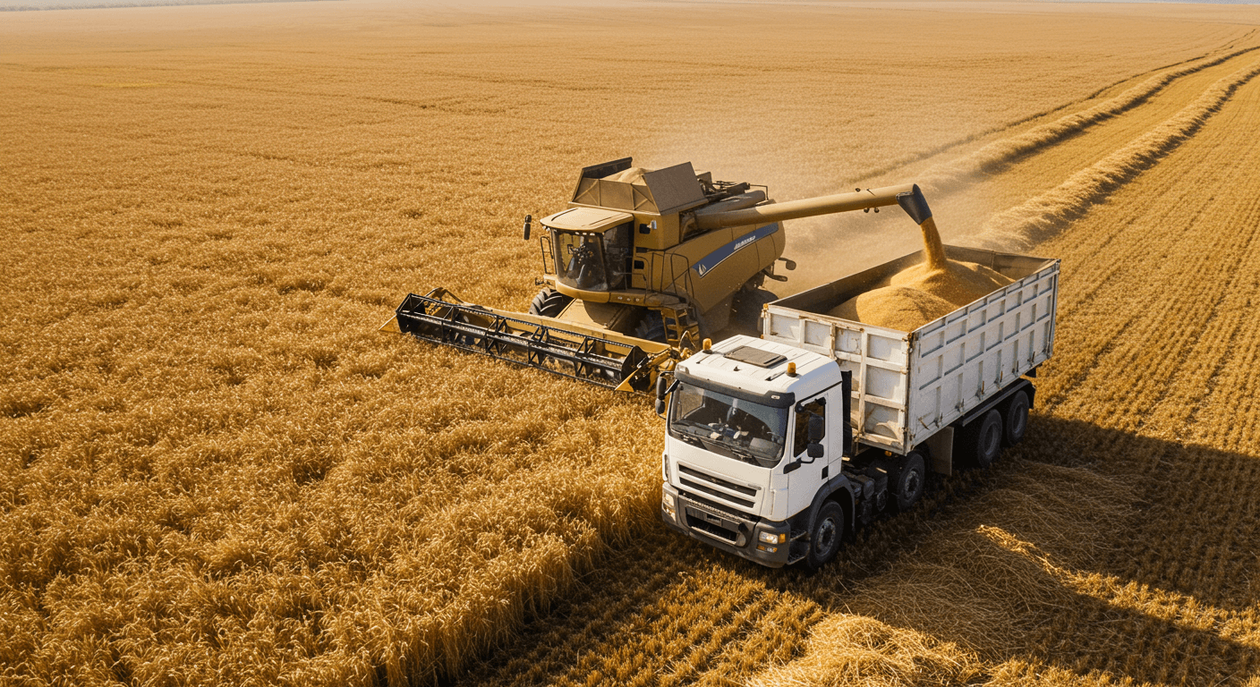 A combine harvester unloading wheat into a truck in a wheat field in Argentina (AI-generated image)