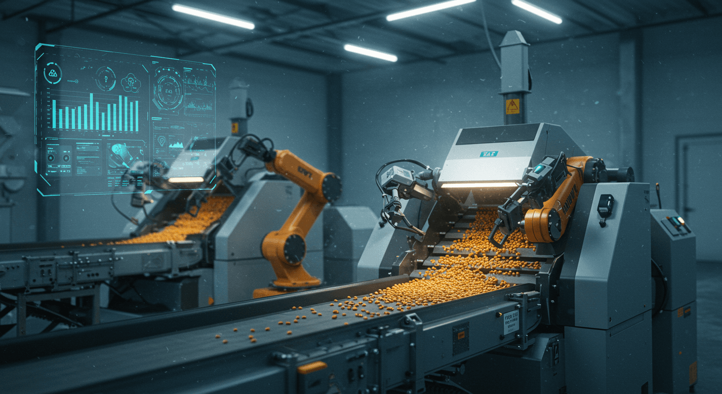 Equipo de clasificación de granos de maíz controlado por IA (imagen generada por IA).