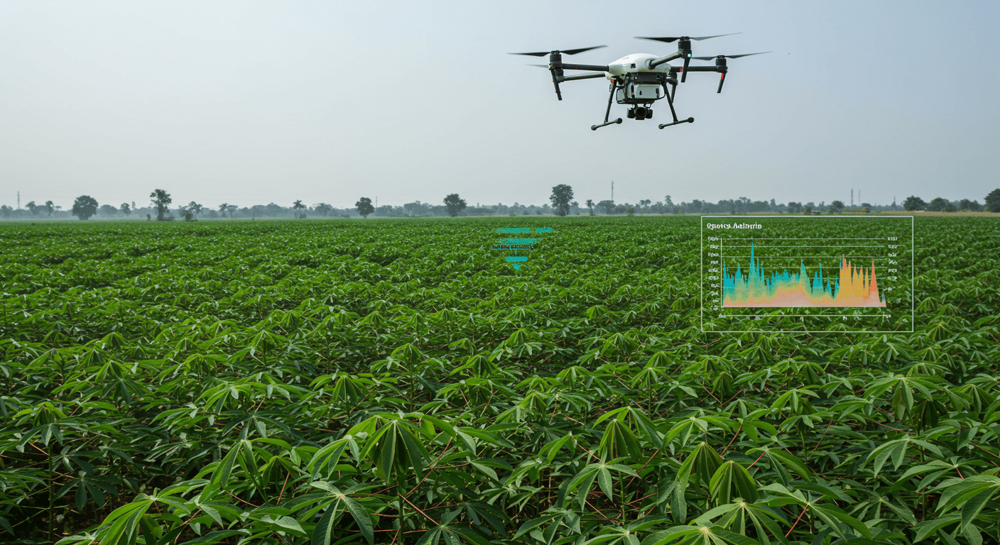 Un drone agricole affiche une analyse spectrale des plants de manioc au Nigeria (image générée par IA).