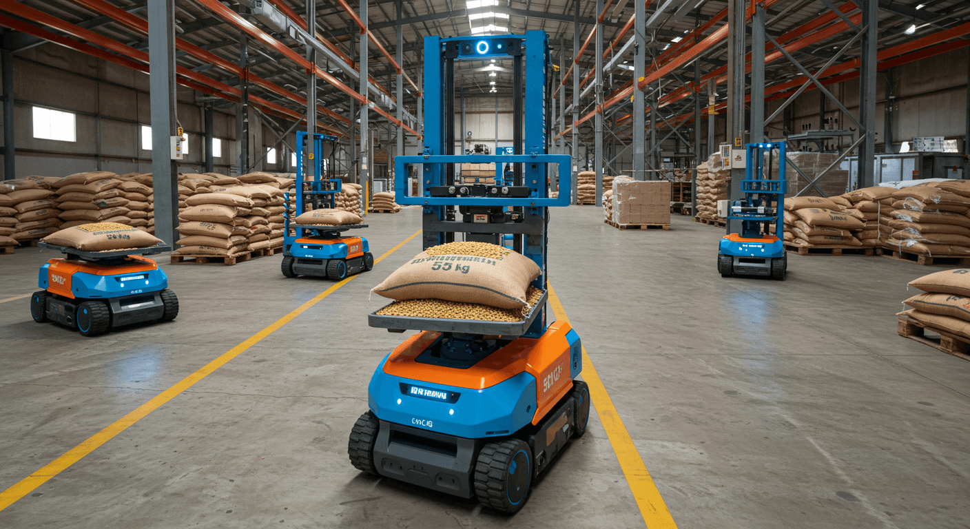 Des robots autonomes transportent un sac de 50 kg de soja dans un entrepôt au Nigeria (image générée par IA).