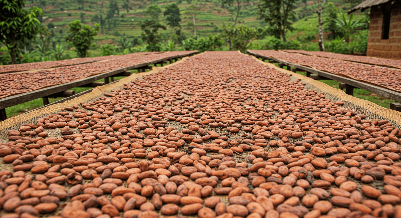 Cocoa beans drying in Uganda (AI-generated image).