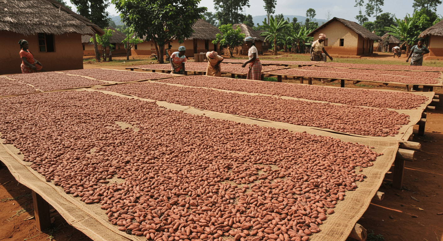 Granos de cacao secándose en Uganda (imagen generada por IA).