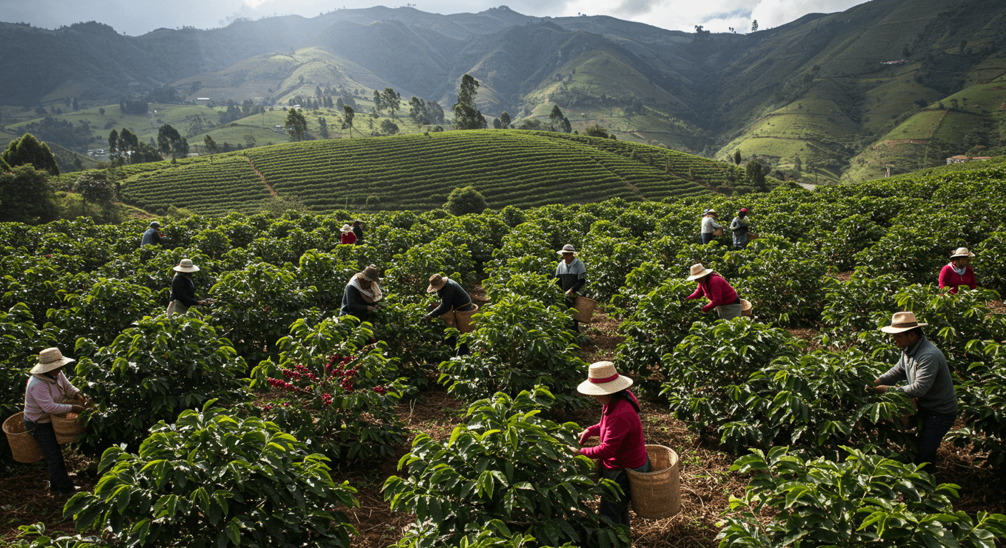 पेरू, दक्षिण अमेरिका में कॉफ़ी चेरी की कटाई (एआई द्वारा उत्पन्न छवि)।