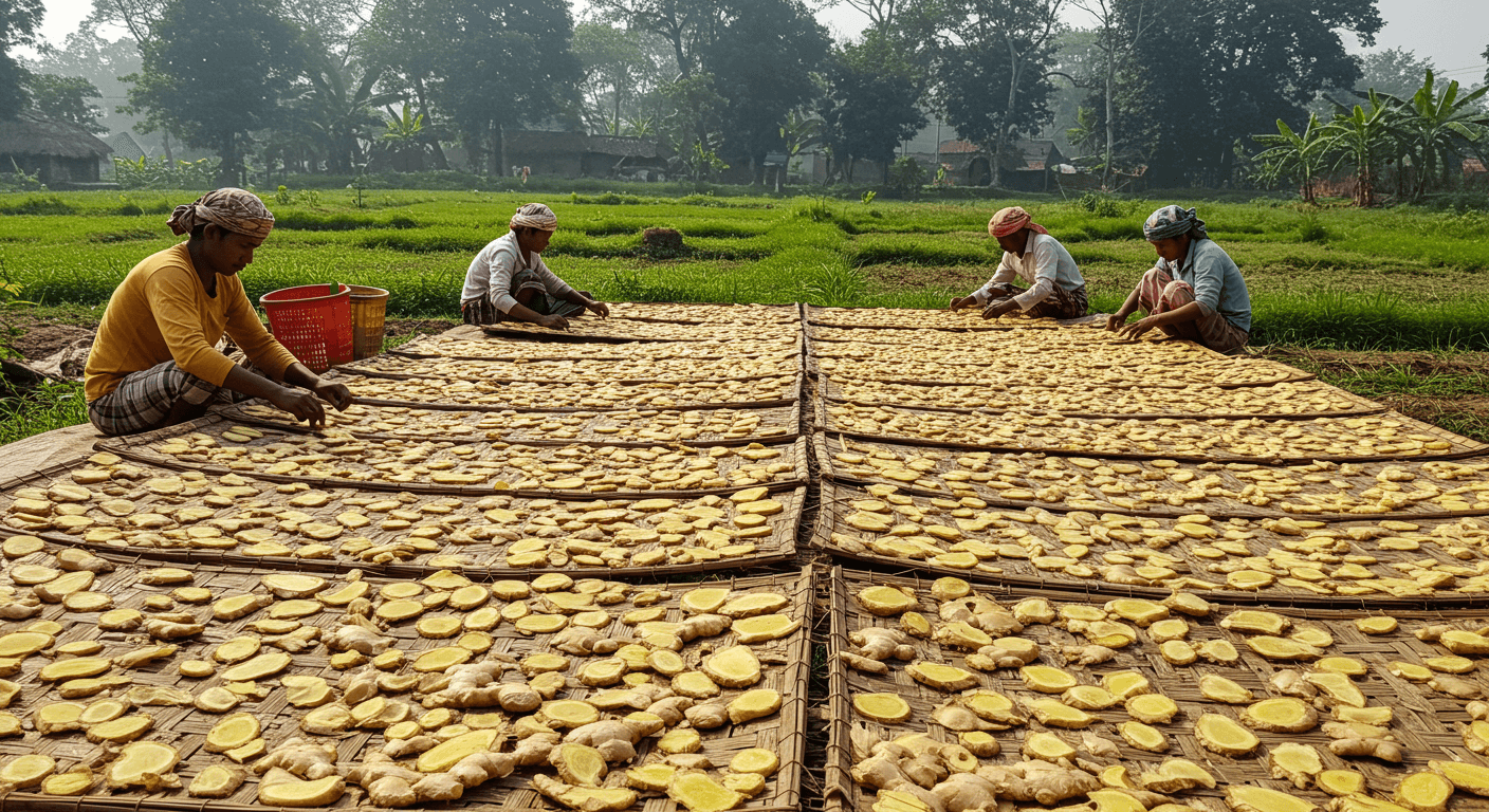 Agricoltori che essiccano zenzero affettato in Bangladesh (immagine generata dall'IA)