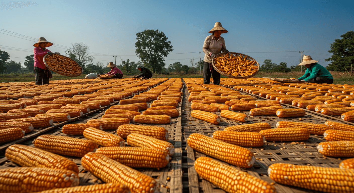 Agricoltori che essiccano mais in Thailandia (immagine generata dall'IA).