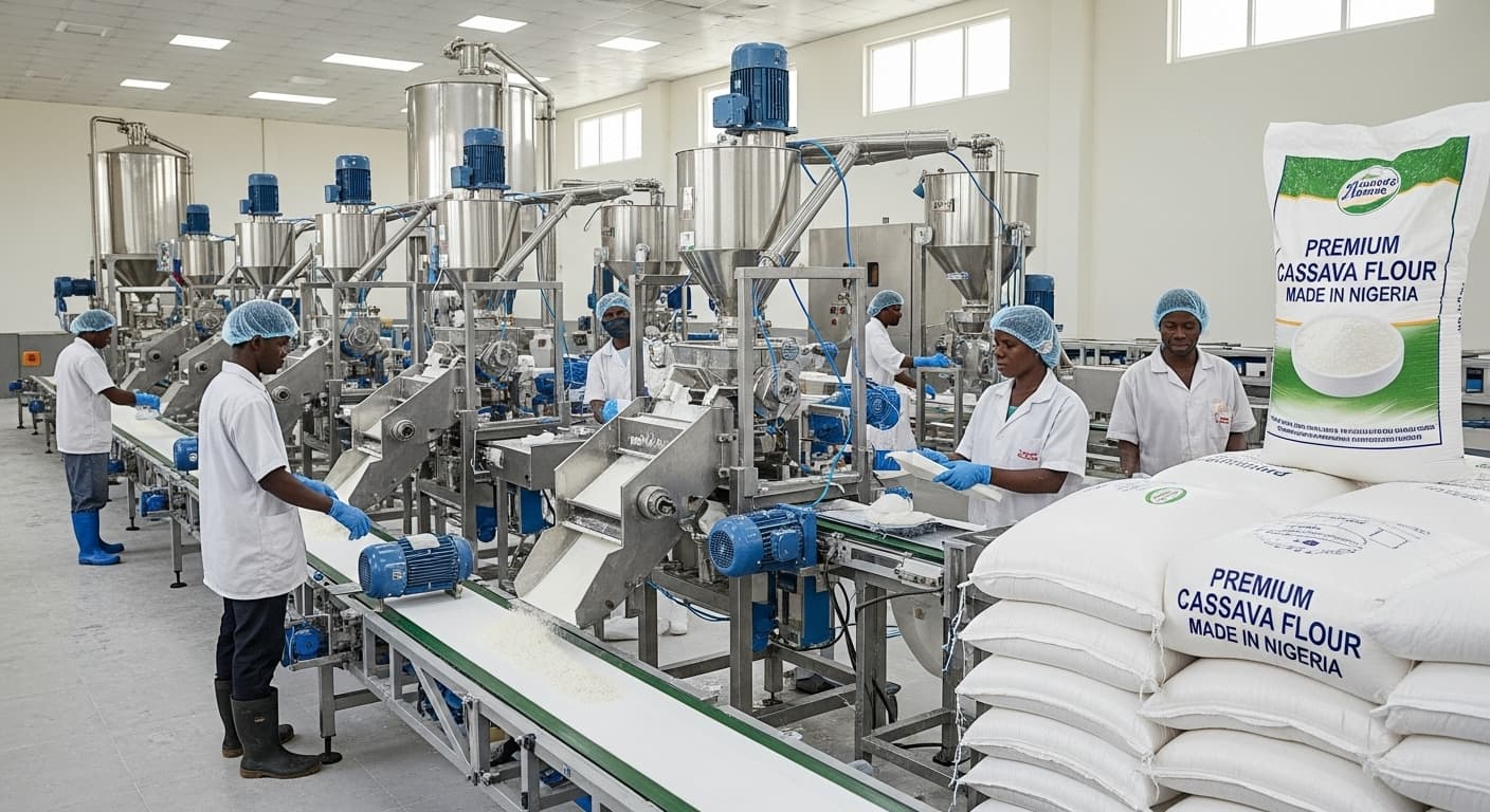 A high-quality cassava flour production line in Nigeria (AI-generated image).