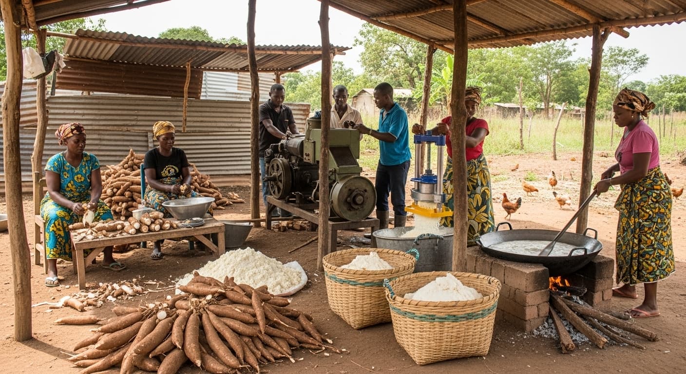 Small-scale gari production line in Nigeria (AI-generated image).